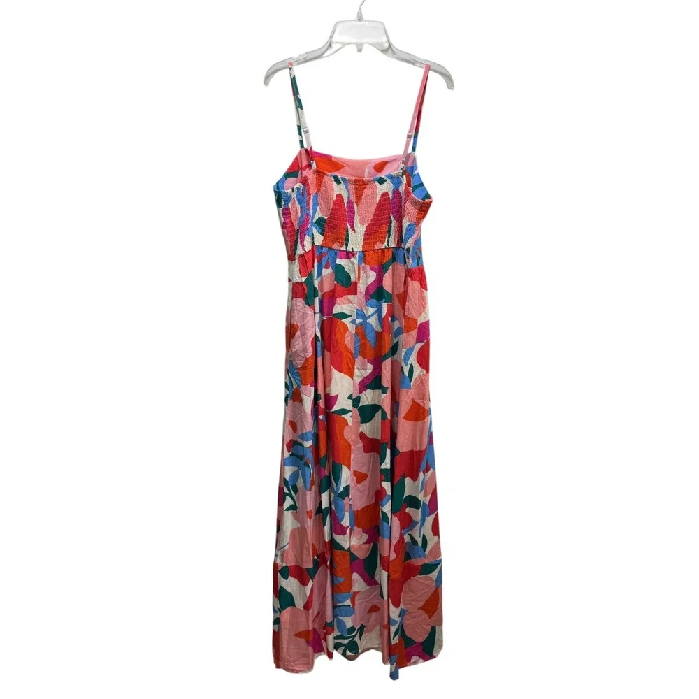 Boho Smocked Floral Maxi Dress Square Neck Spaghetti Strap Pocket Cottagecore M